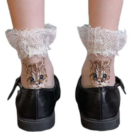 Japanese Lolita Women Girls Ruffle Lace Frilly Mid Tube Socks Novelty Cartoon Cat Jacquard Crystal Fiber Casual Hosiery