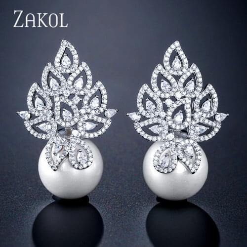ZAKOL Imitation Pearl Leaf Collection Full Micro Cubic Zirconia Pave Women Bridal Engagement Earring Jewelry Addiction FSEP2290