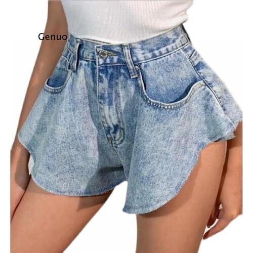 2021 New Summer Fashion Mesh Clothing Light Blue Denim Washed Pockets Zippers Shorts Female Bottoms