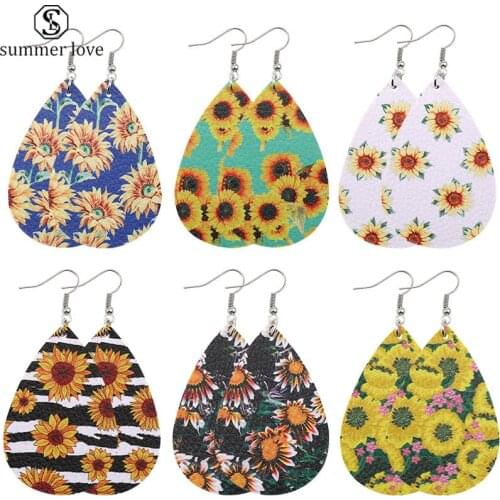 Boho Sunflower Striped Leopard Print PU Faux Leather Earrings Teardrop Drop Dangle Earrings for Women Light Weight Beach Jewelry