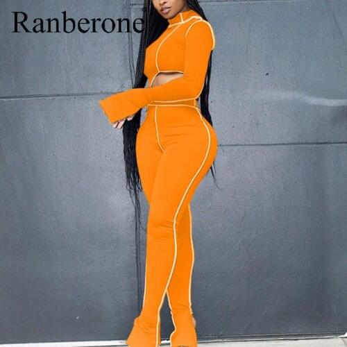 2020 Solid Irregular Stripe Tops Flare Sleeve Womens Cool Line Slimming Sexy Sports Suit Women Workout Clothes Two Piece Set