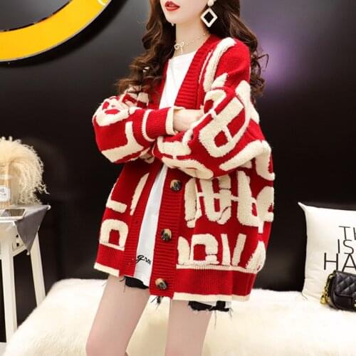 2021 Womens Fashion Casual Sweater Cardigans Long Sleeve Letters Caridgan Female Knitted Jacket Appliques Oversized Coats