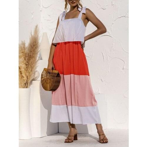 Elegant Patchwork Color Spaghetti Strap Lace Bowknot Decorated Long Dress Women Summer 2021 New Fashion Casual High Waist Dress