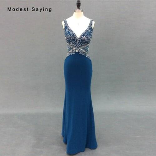 Real Sexy Blue Mermaid Plunging Neck Sparkly Beaded Evening Dresses 2018 Backless Women Long Party Prom Gowns robe de soiree