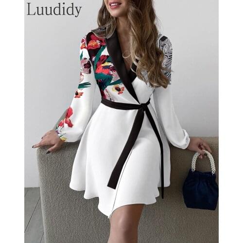Women Floral Print Colorblock Tied Detail Work Dress