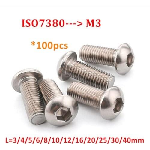 100pcs ISO7380 M3 Button Head Screw 304 stainless steel A2 Hexagon Socket Round Head Screw Hex Socket Screws Bolts