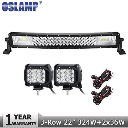 Oslamp 3-Row 22" Curved 324W LED Offroad Light Bar Combo+2pcs 36W Flood Spot Led Work Light 4x4 Truck SUV ATV UTV 4WD DC12v 24v