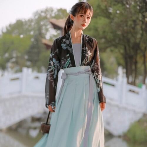 3Pcs Hanfu Chinese Traditional Dress Floral Printed Green Black Original Beauty Streetwear Party Dress Young Style Outfits 2021