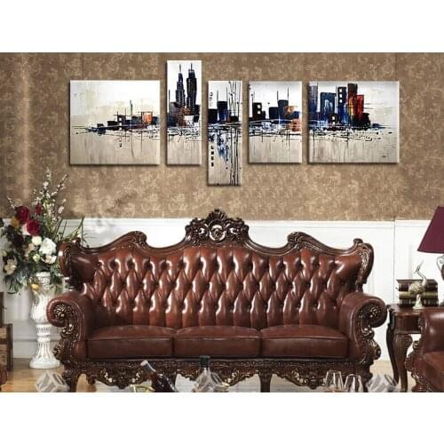 5 Piece Hand Painted Abstract Oil Painting Color City Canvas Wall Art Building Landscape Skyline Artwork For Living room Decor