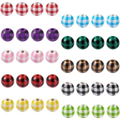 50pcs 16mm Buffalo Plaid Wood Beads Round Spacer Natural Wooden Beads for Jewelry Christmas Halloween Garland Decor DIY Crafts