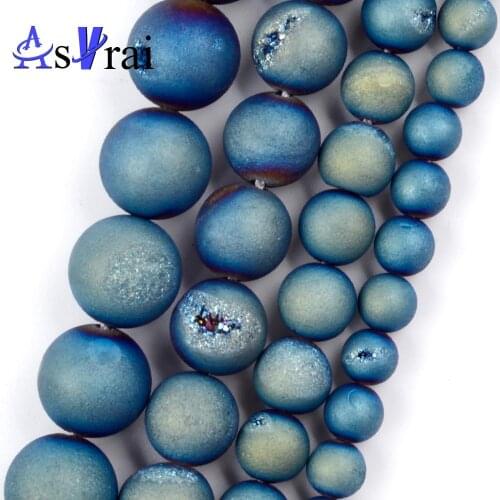 6 8 10 12mm Natural Stone Beads Light Blue Metallic Coated Druzy Agates Round Loose Spacer Beads For Jewelry Making DIY Bracelet