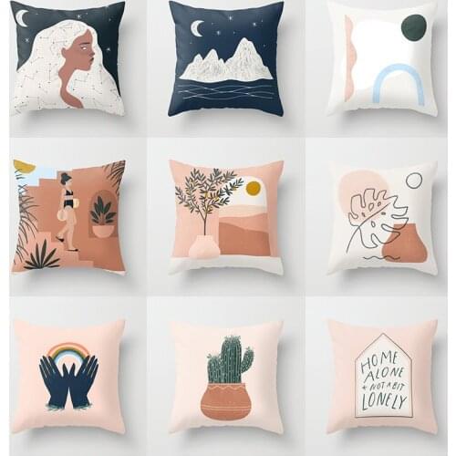 Abstract Oil Painting Geometry Cushion Covers Girls Sun Mountains Plants Print Pillows Cover Modern Art Sofa Decorative Pillows