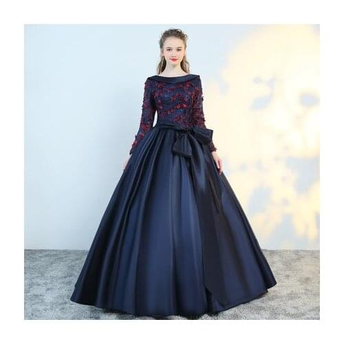 Bowknot waist navy flower back V baroque long ball gown dress Renaissance Gown queen Victorian/Marie Antoinette Belle