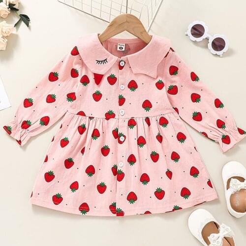 Baby Girls Strawberry Print Dresses Clothes Kids Autumn Princess Children Dresses A-Line Long Sleeve Casual Toddler Button Dress