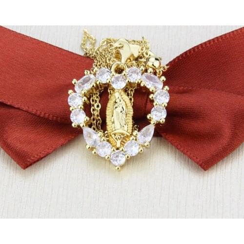 Virgin Mary Pendant Necklace Zircon Stone Love Heart Shaped Our Lady of Guadalupe Necklace Religious Catholic Jewelry Gift