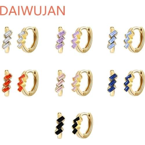 DAIWUJAN Exquisite Square White/Blue/Orange/Green/Black Zircon Small Hoop Earrings for Women 925 Sterling Silver Circle Earrings