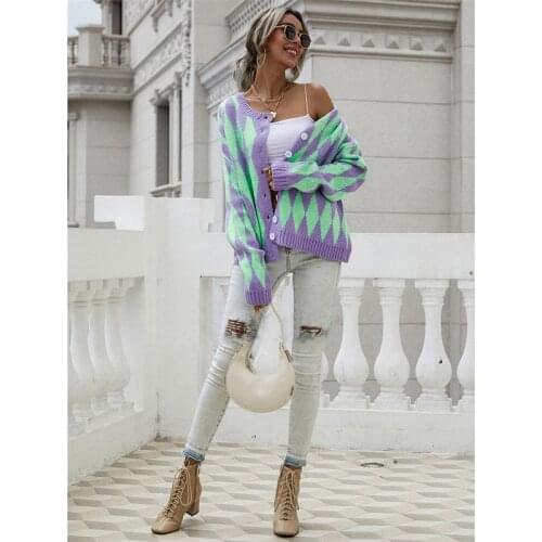 Plaid Knitted Cardigan Casual Fashion Long Sleeve Autumn Cardigans 2021 Streetwear Elegant Vintage O Neck Button Women Cardigan