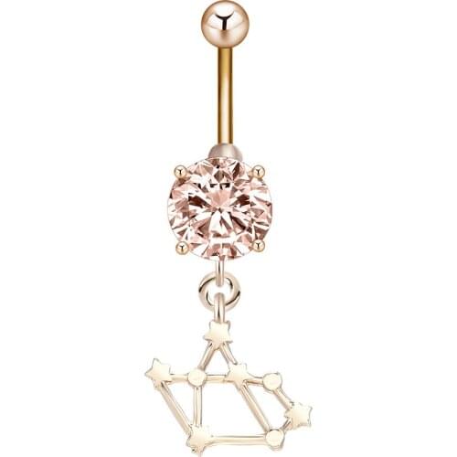 Zodiac Sign Champagne Crystal Dangle Piercing Button Barbell Ring Women Jewelry