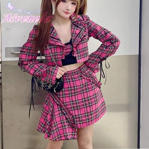 Harajuku Y2K Hot Girls Fire Street Set Pink Plaided High Waist Mini Skirt Rock Girl Blazer Outwear Sling Vest Tops AFC1241