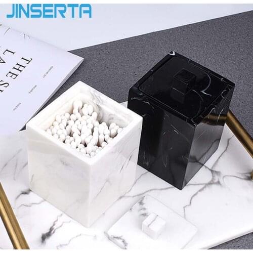 JINSERTA Marbled Resin Storage Box Cotton Swab Organizer Home Toothpick Holder Hotel Luxury Bathroom Cotton Pad Box with Lid