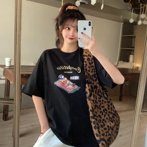 Summer college style cartoon print half-sleeved mid-length loose round neck T-shirt simple and versatile casual women