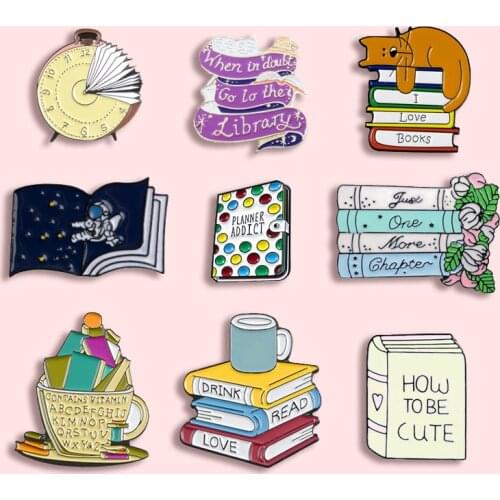 Fashion Cartoon Books Metal Enamel Brooch Cute Clock Starry Cat Kitty Library Pin Personality Charm Costume Jewelry Gift