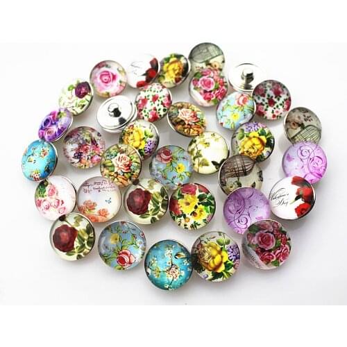 Newest Mix 10pcs/lot pretty flower Snap Buttons Charms Print 18mm Glass Buttons Fit DIY Snap Bracelets&Bangle Jewelry