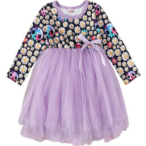 Kids Halloween Dress Flower Skull Print Patchwork Round-Neck Long Sleeves Mesh Dress for Girls 9 Months to 4 Years