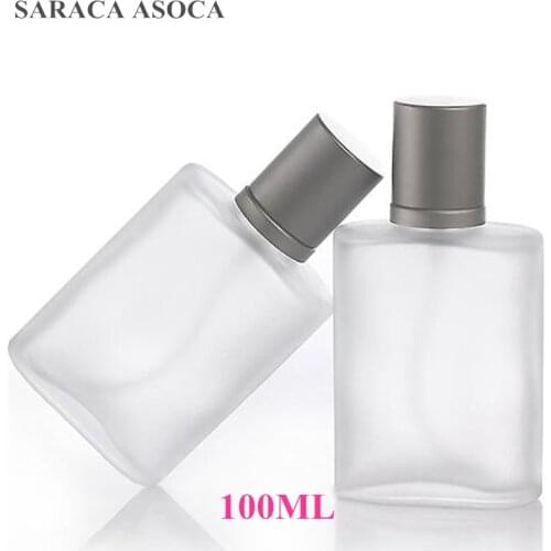 100ml Silver Gray Cap Flat Style Frosted Semi Clear Glass Spray Perfume Bottle Glass Automizer Refillable Bottles Big Capacity