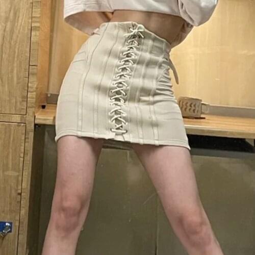 Casual Apricot Skirt For Women High Waist Patchwork Bandage Design Solid Mini Skirts Female 2021 Fashion Clothing Summer X202