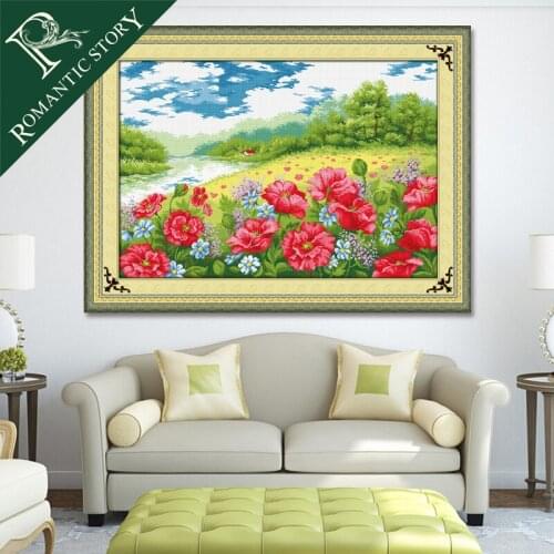 Romantic Story Pastoral Poppy Garden Paintings Counted DIY Cross Stitch Ribbons for needlework Embroidery DMC Cross-Stitch Kits