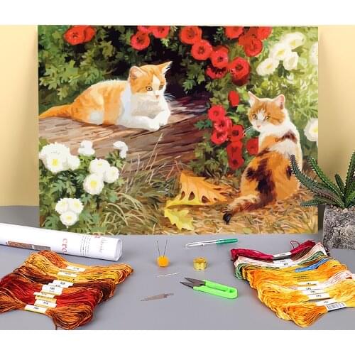 Flower Cats Animal Printed Fabric 11CT Cross-Stitch Embroidery Full Kit DMC Threads Handmade Handicraft Handiwork Different