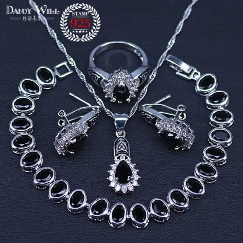 Silver color Jewelry Rubber paint Bridal Jewelry Set Black CZ White Beads For Women Earrings/Pendant/Ring/Necklace/Bracelets Set