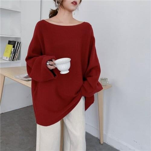 [ZAYAU]Wine Red Sweater womens Early Spring and Autumn Net Korean Loose Sexy Off Shoulder Pullover One Neck T-shirt 2021