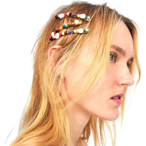 Fashion Handmade Braided Colorful Wood Beads Hairpin Women Imitation Pearl Boho Hair Clips Hair Accessories for Girls