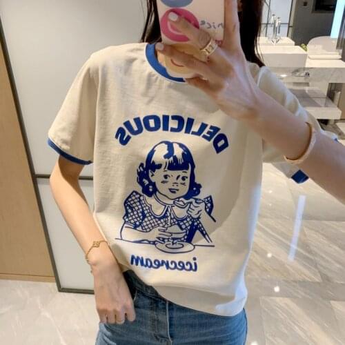 Womens T Shirt Korea Retro Blue Contrast Color Collar T Shirt Doll Girl Printed Cotton Short Sleeve Tshirt Trend 2021 Summer New