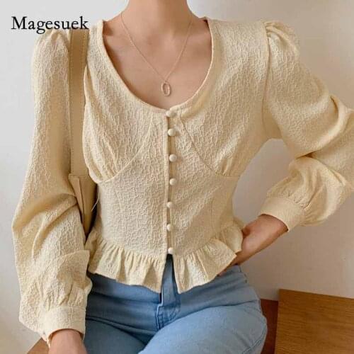 2020 Autumn Women French-Style Retro V-neck Long Puff Sleeve Blouses Solid Folds Single-breasted Ladies Shirt Blusas Mujer 11016