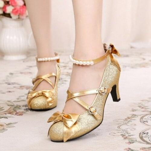 Japanese Lolita Stage Sparkle Jk Cute Pearl High-heeled with Cross Bow Womens Shoes Bowknot Princess Kawaii Girl Women Shoes