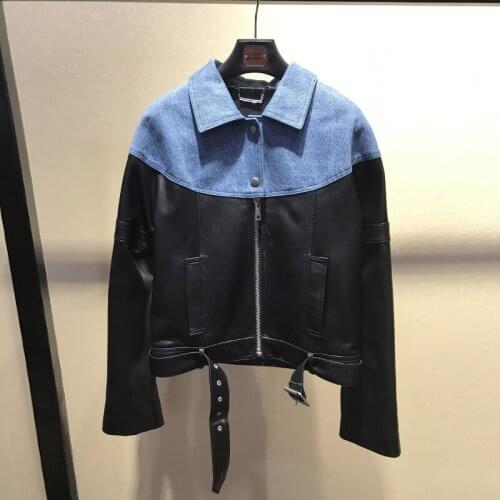 European style womens real leather jackets Fashion 2019 spring denim patchwork sheepskin moto & biker jackets coat G119