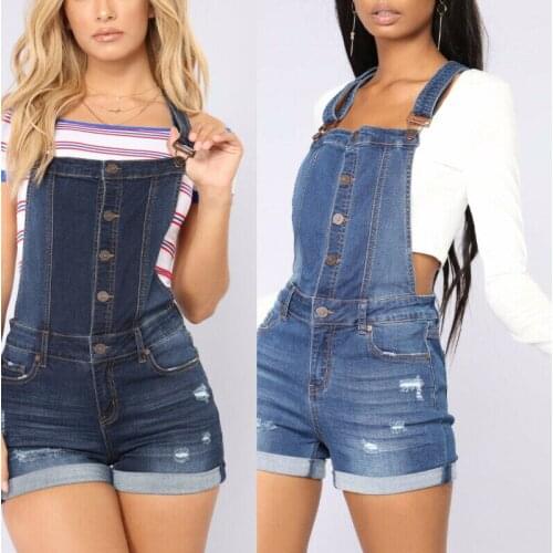Women jumpsuit denim shorts fashion slim hole stitching straps bib 2021 new blue bodysuit fashion jeans pants summer rompers