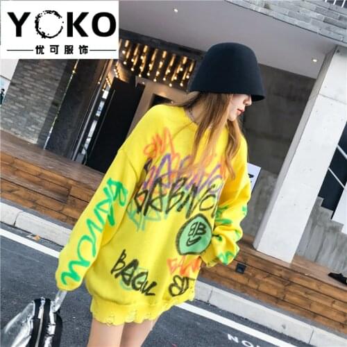 YOKO Sweater female 2019 autumn winter new fashion loose Korean version hand-painted graffiti lazy style sweater plus size dress