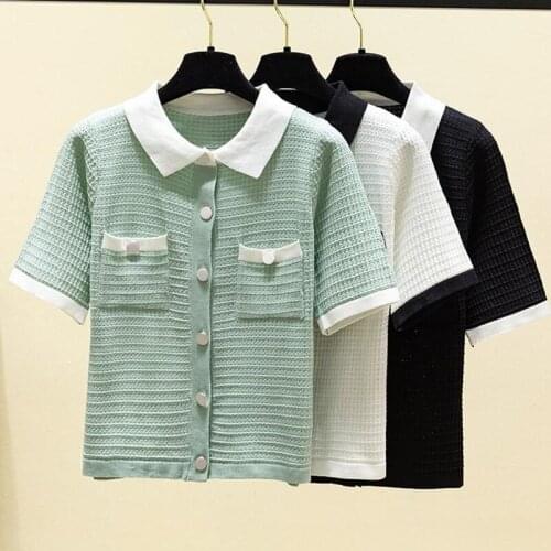 LJSXLS Knitted Open Stitc Womens Sweater Summer Black Peter pan Collar Short Sleeve Top Femme Chic Pockets Solid Sweater Mujer