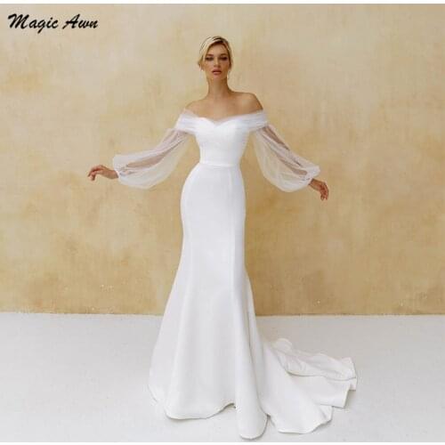 Magic Awn Off The Shoulder Mermaid Wedding Dresses Full Puffy Sleeves Simple White Satin Bride Dress Elegant Wedding Party Gown