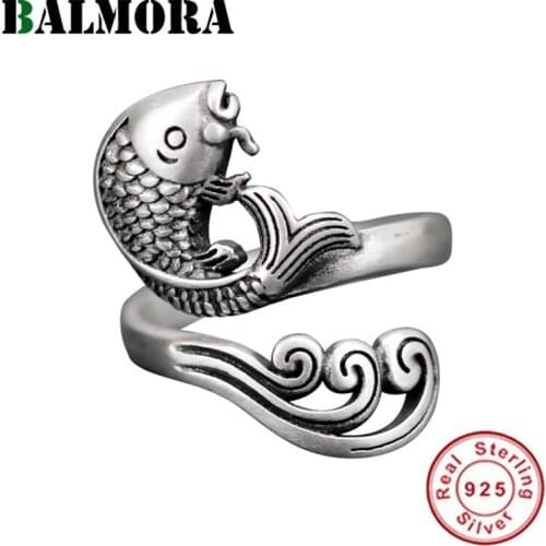 BALMORA 100% Pure 925 Sterling Silver Open koi Fish Rings For Women Water Ripple Ring Adjustable Finger Ring Daily Jewelry Gift