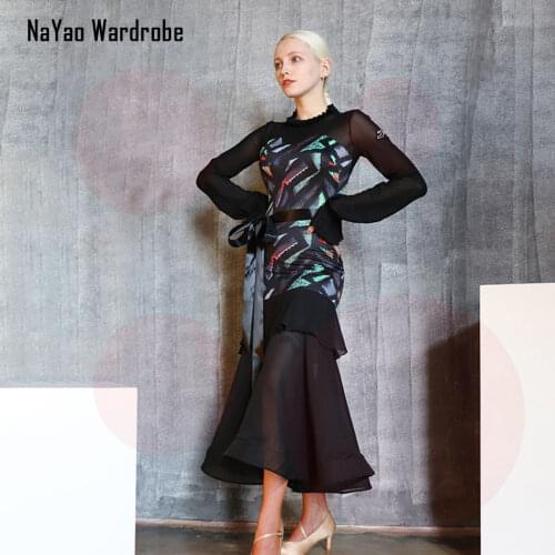 2020 New TL662 Latin Dance Dress Women Long Sleeve Patchwork Dancing Performance Dress for Ballroom Samba Tango