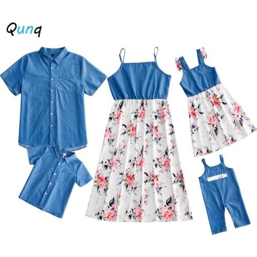 Qunq Family Matching Outfits New Summer Women Girl Floral Dress Man Boys Blouses Baby Romper Father Mother Daughter Son Clothes