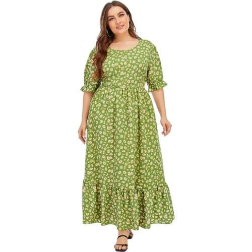 Floral Boho Beach Dress Women Summer Short Sleeve Floral Print Ruffles Dresses Maxi Dress 5XL Plus Size Women Clothing FT152
