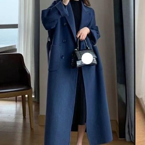 2021 Women Coat Outerwear Autumn Winter Warm Woolen Blends Coat Female Long Elegant Double Breasted Navy Blue Wool Jackegt
