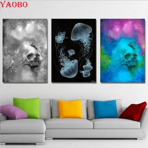 3 pieces DIY Diamond Embroidery Jellyfish and skull 3D Full Drill Square Diamond Painting Mosaic Cross Stitch Triptych painting