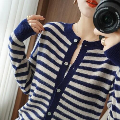 BELIARST Spring and Autumn New Cashmere Cardigan Ladies O-Neck 100% Pure Wool Sweater All-match Sweater Striped Sweater Women
